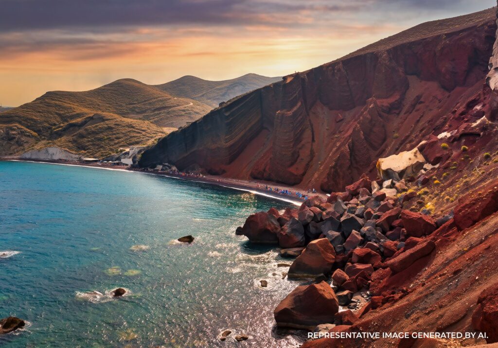 Coastal cliffs and rocks along the volcanic shoreline of Santorini at golden hour.