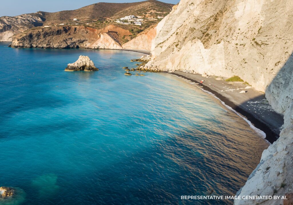 White cliffs and clear turquoise water surrounding a secluded bay in Santorini, Greece.