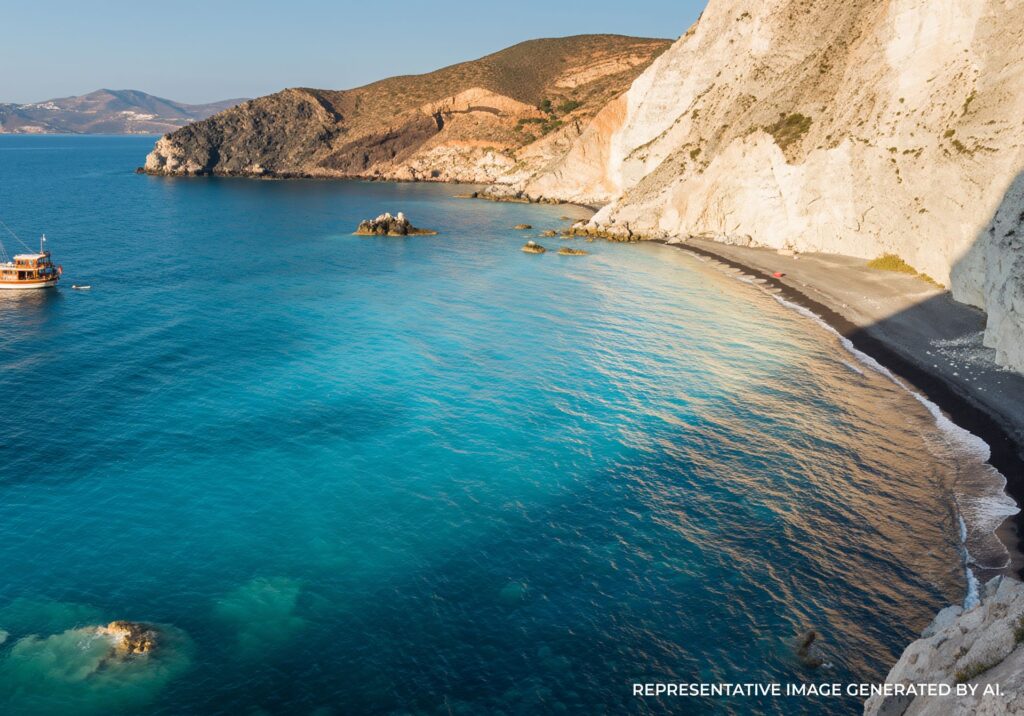 Small boats floating on bright blue water near a rocky cove in Santorini, Greece.