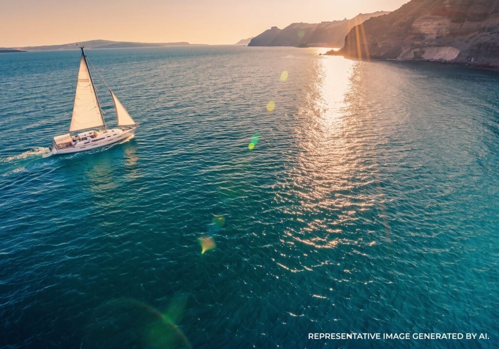 Sailboats floating on clear turquoise water near the Santorini coastline at golden hour.