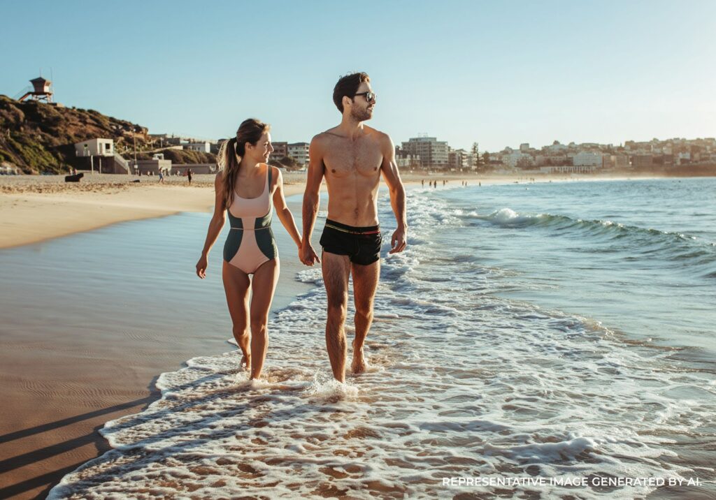 Two people walking in shallow water at a Sydney beach during a sunny afternoon.