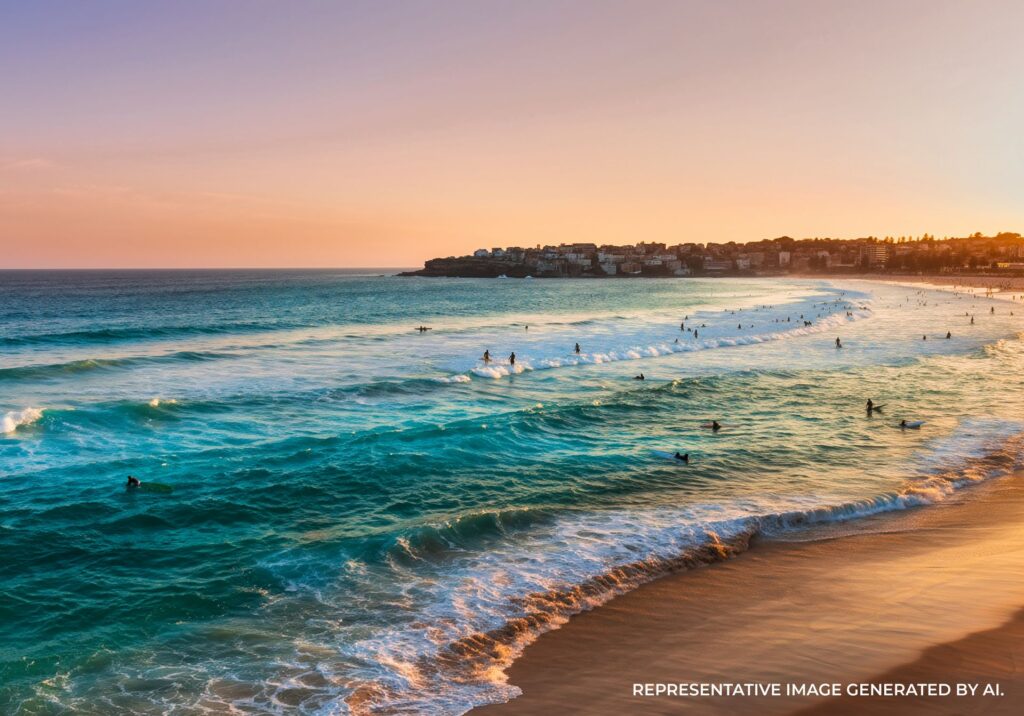 Early morning surf at Bronte Beach with golden light and soft wave