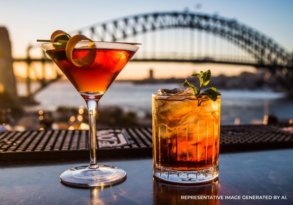 Cocktails on a waterfront table with Sydney Harbour Bridge in the background