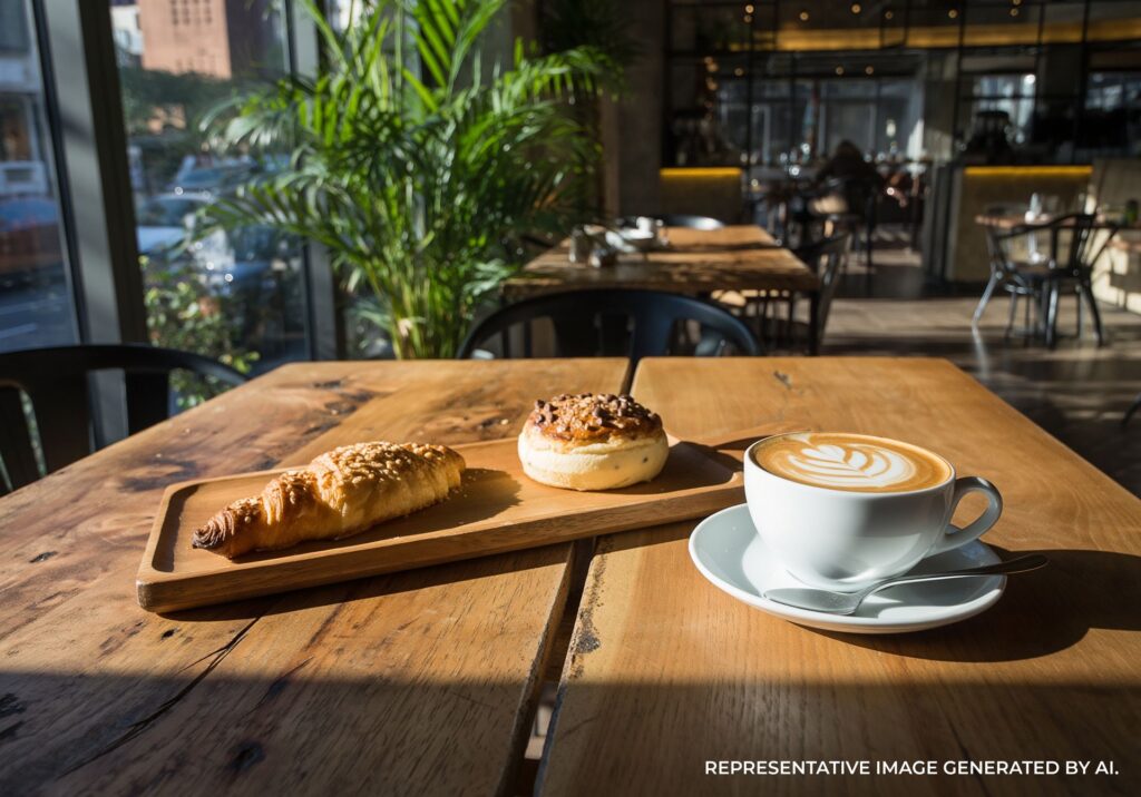 Fresh croissant and cappuccino on a wooden café table with greenery in the background.