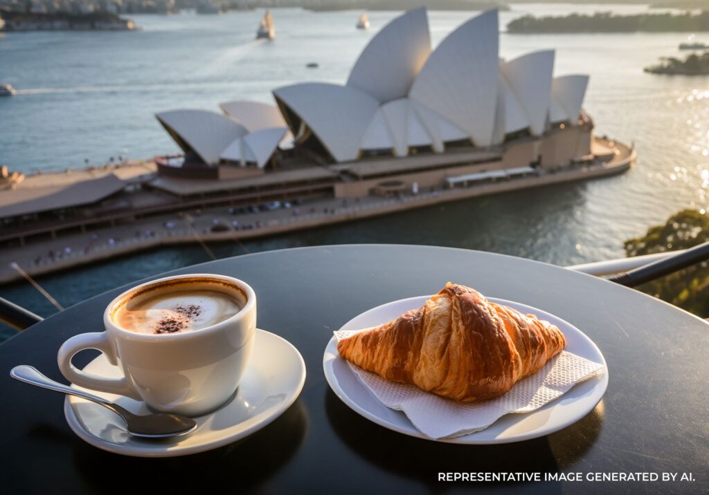 Coffee and pastries on a table overlooking the Sydney Opera House across the water.