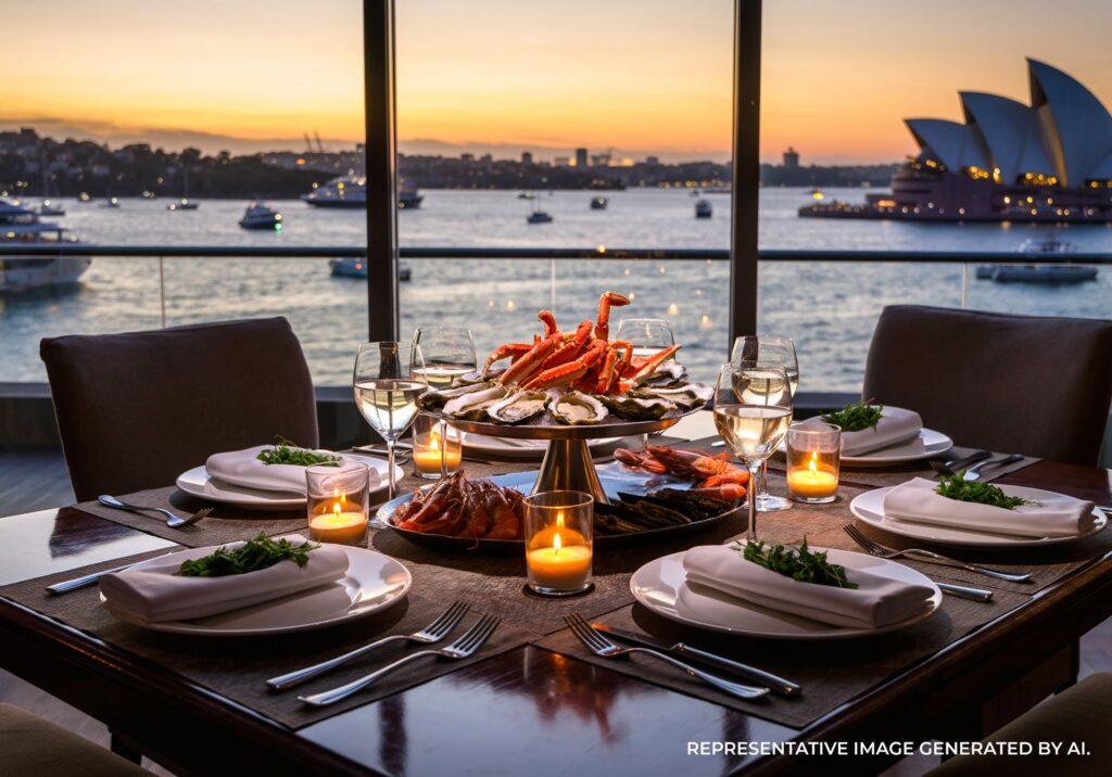 Elegant seafood dining table set by large windows overlooking Sydney Harbour at sunset.