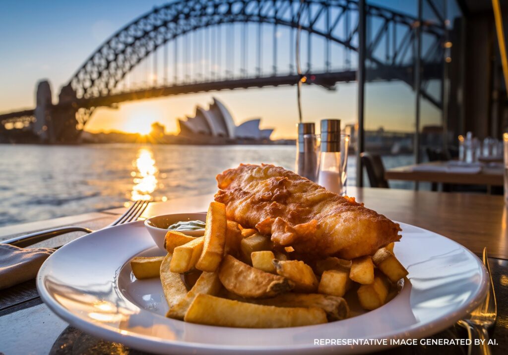 Plate of fish and chips served outdoors with Sydney Harbour Bridge in the background at sunset.
