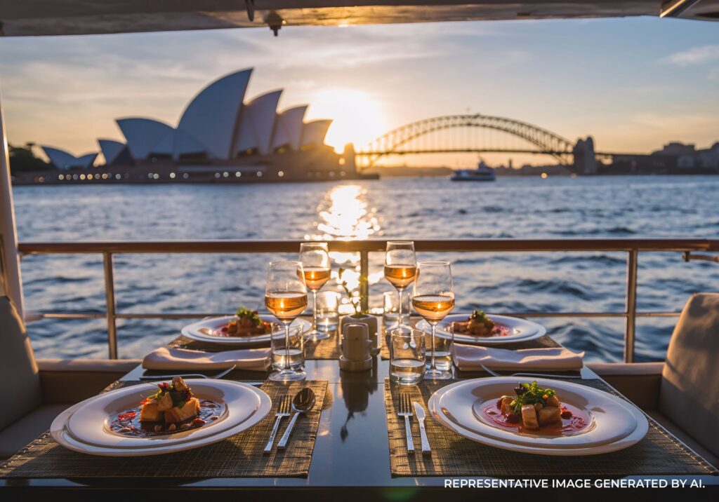 Multiple plated dishes on a waterside dining table with the Sydney Opera House at sunset.