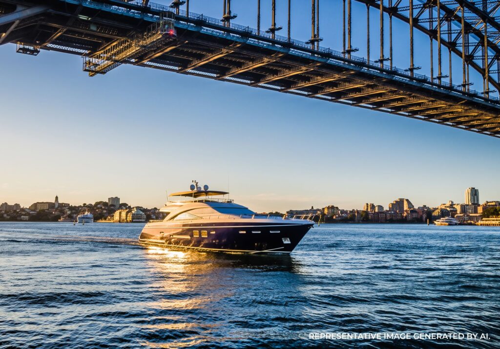 A luxury yacht passes under the Sydney Harbour Bridge with the skyline illuminated at sunset.