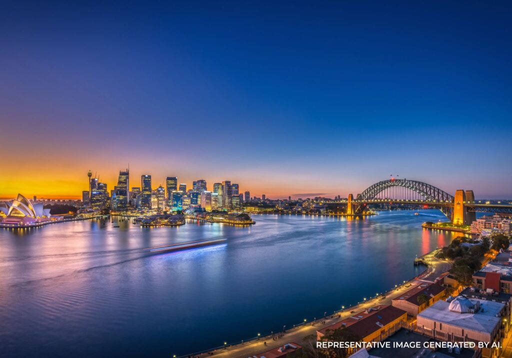 Blue hour skyline of Sydney with the Opera House and Harbour Bridge reflecting in the harbor