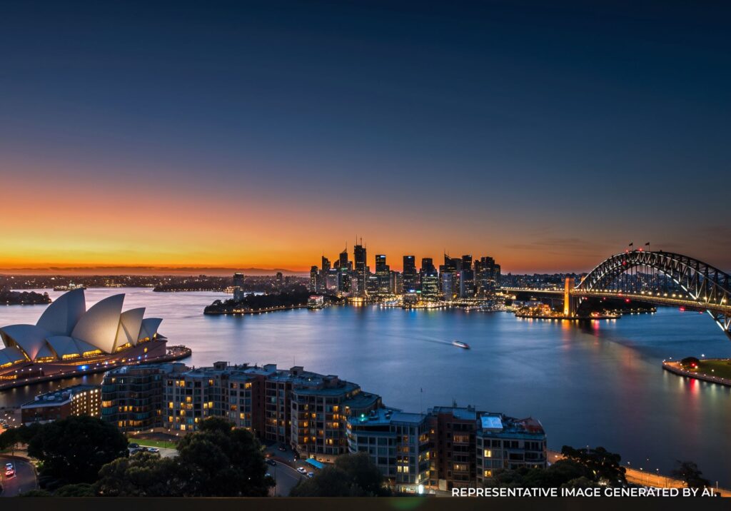 Twilight view over Sydney Harbour featuring the Opera House, Harbour Bridge, and city skyline.