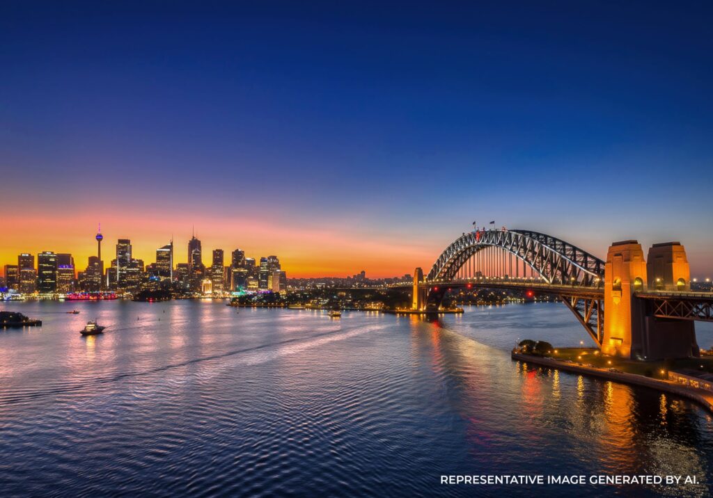Soft twilight reflections on Sydney Harbour with the Harbour Bridge and skyline glowing in the distance.