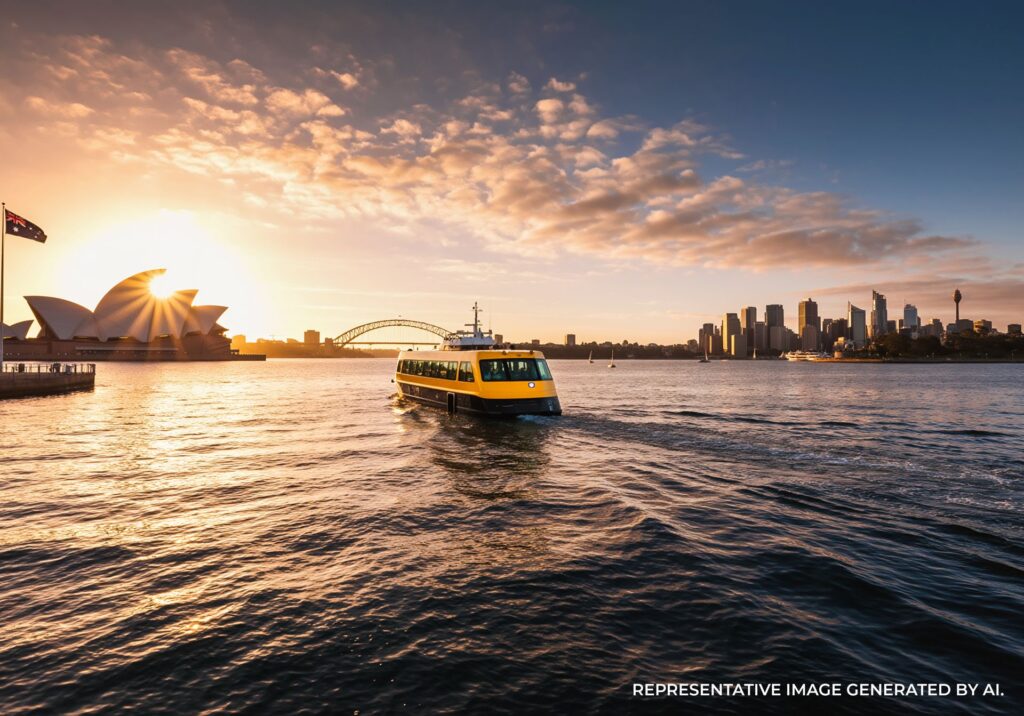 A yellow Sydney ferry moves across the harbor at sunset with the sky glowing orange and pink.