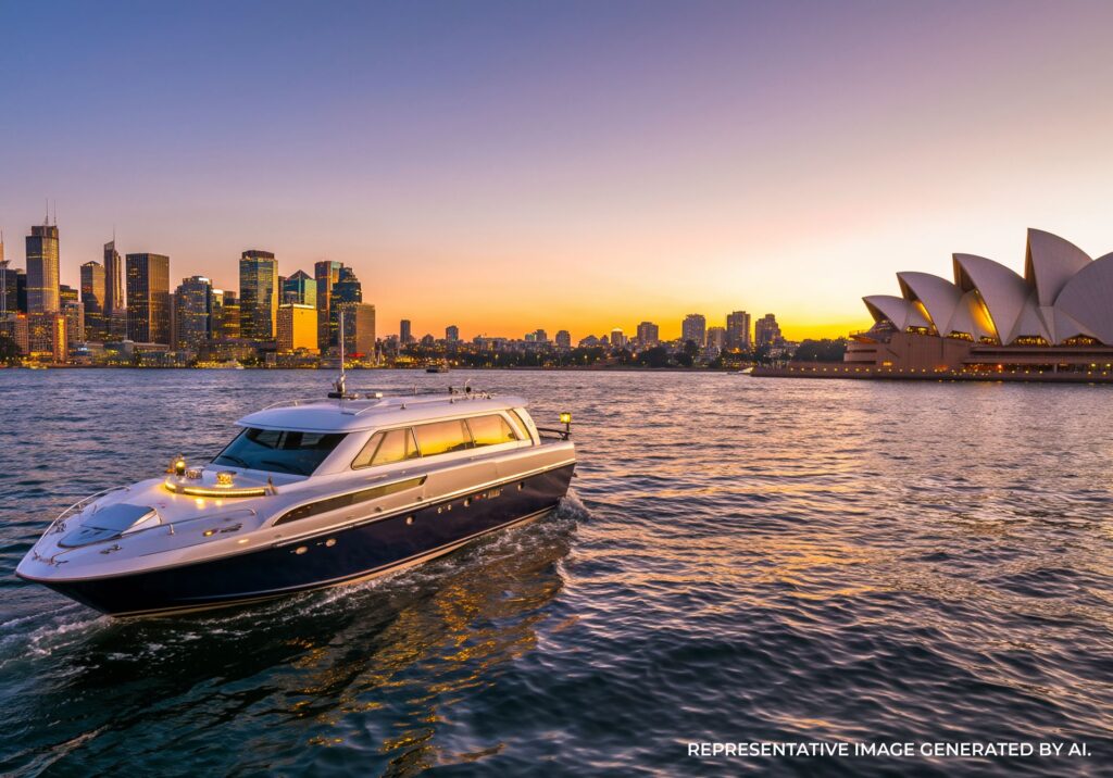 A Sydney ferry glides across the harbor at golden hour with the city skyline glowing in soft warm light.