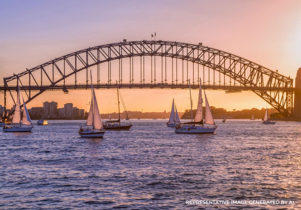 The Sydney Harbour Bridge at dusk with sailboats in the foreground and pastel light reflecting on the water.