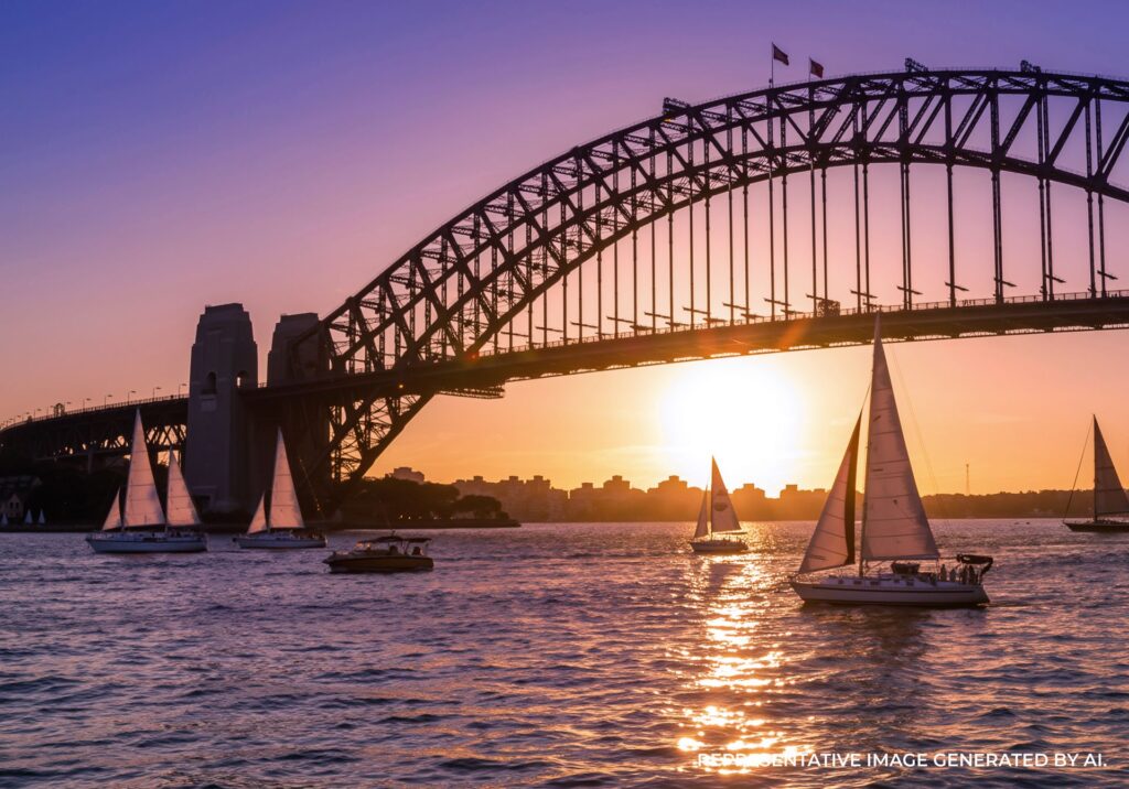 Sydney Harbour Bridge at sunset with sailboats drifting across calm water beneath a colorful sky.