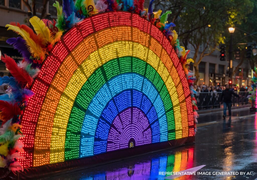 Vibrant rainbow light installation displayed along a Sydney waterfront walkway during twilight.
