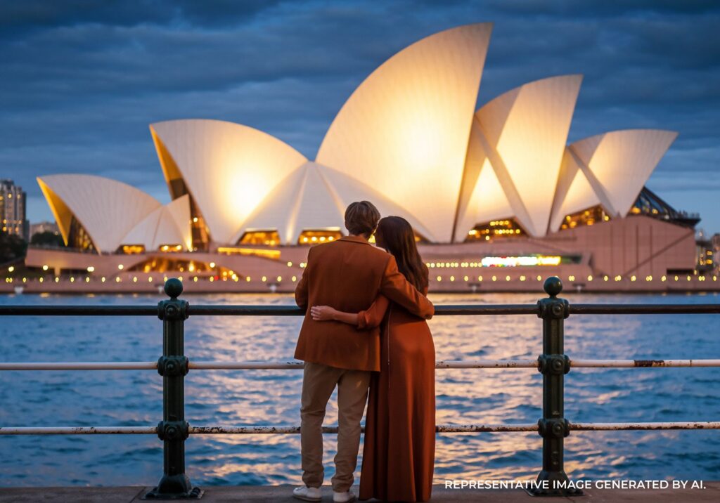 A couple embraces on a waterfront promenade while admiring the Sydney Opera House at dusk.