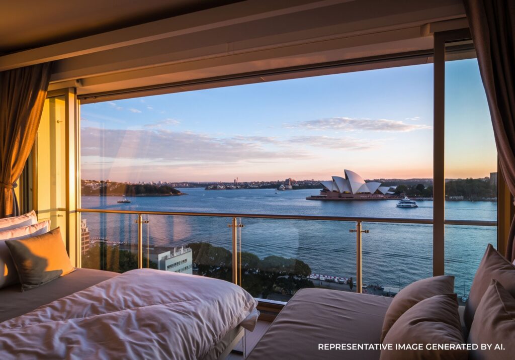 Luxury hotel balcony overlooking Sydney Harbour with soft morning light and calm waterfront views.