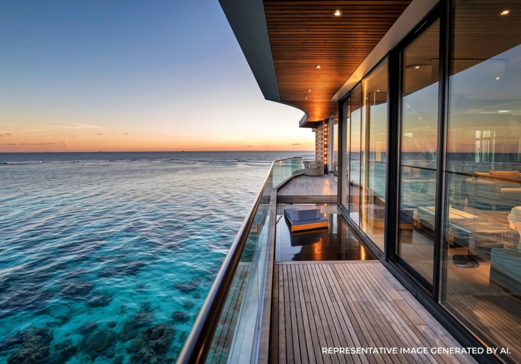 Modern oceanfront suite in Sydney with panoramic glass walls overlooking turquoise water.