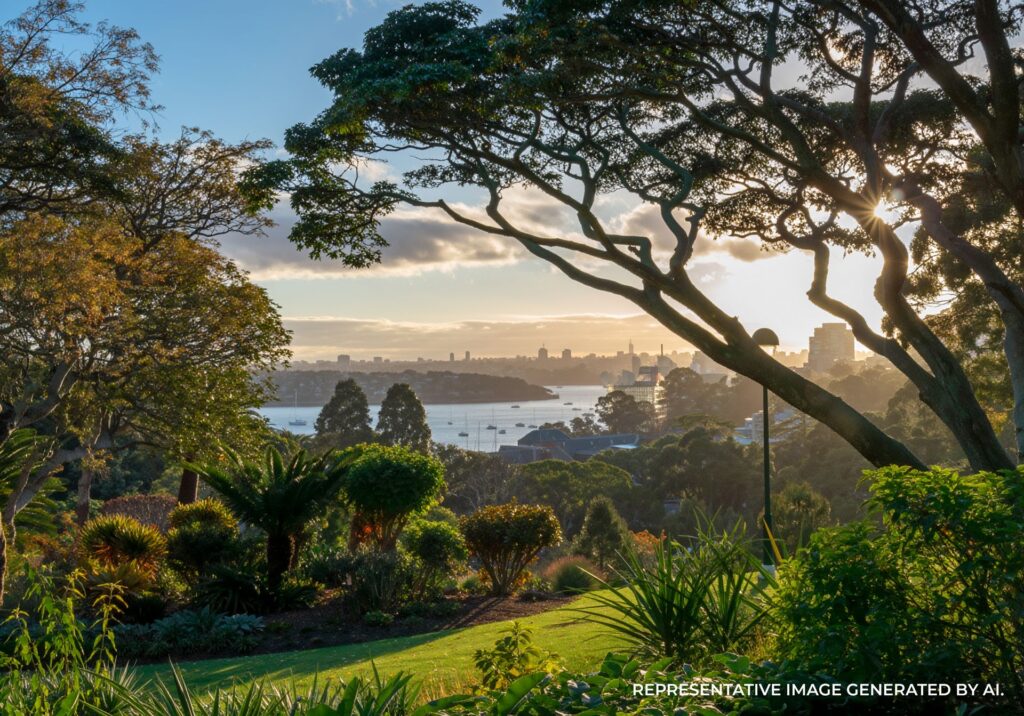 Scenic sunrise view from a coastal lookout in Sydney with greenery, cliffs, and the shoreline below.