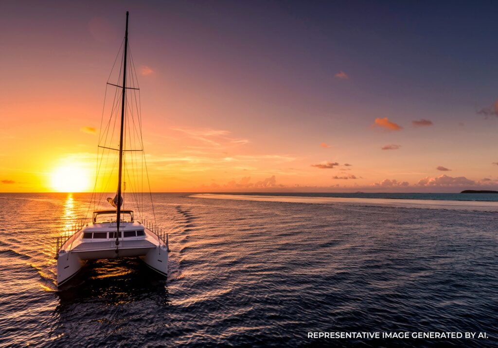 Sailboat on Sydney waters at sunset with warm orange and purple tones.