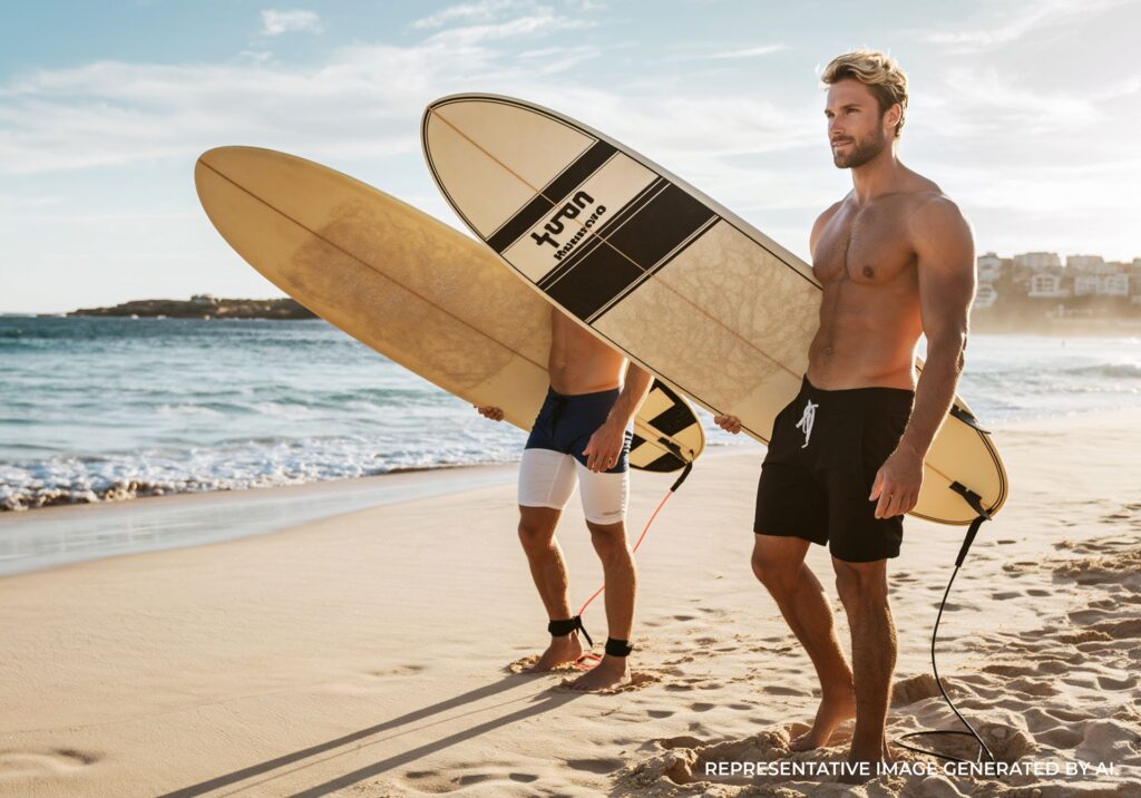 Two surfers carrying longboards while walking along the sand at Bondi Beach.