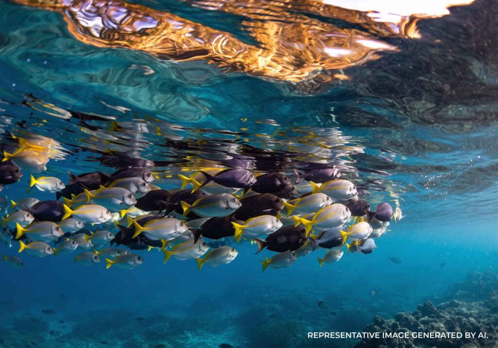 Underwater view of a snorkeler near a school of tropical fish in clear blue water.