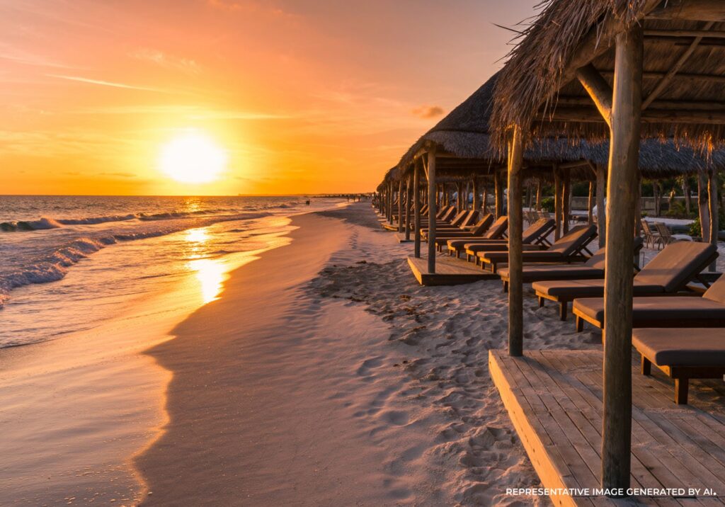 AI representation of a tranquil Tulum beach at golden hour with thatched cabanas, soft waves, and warm sunlight along the Riviera Maya.