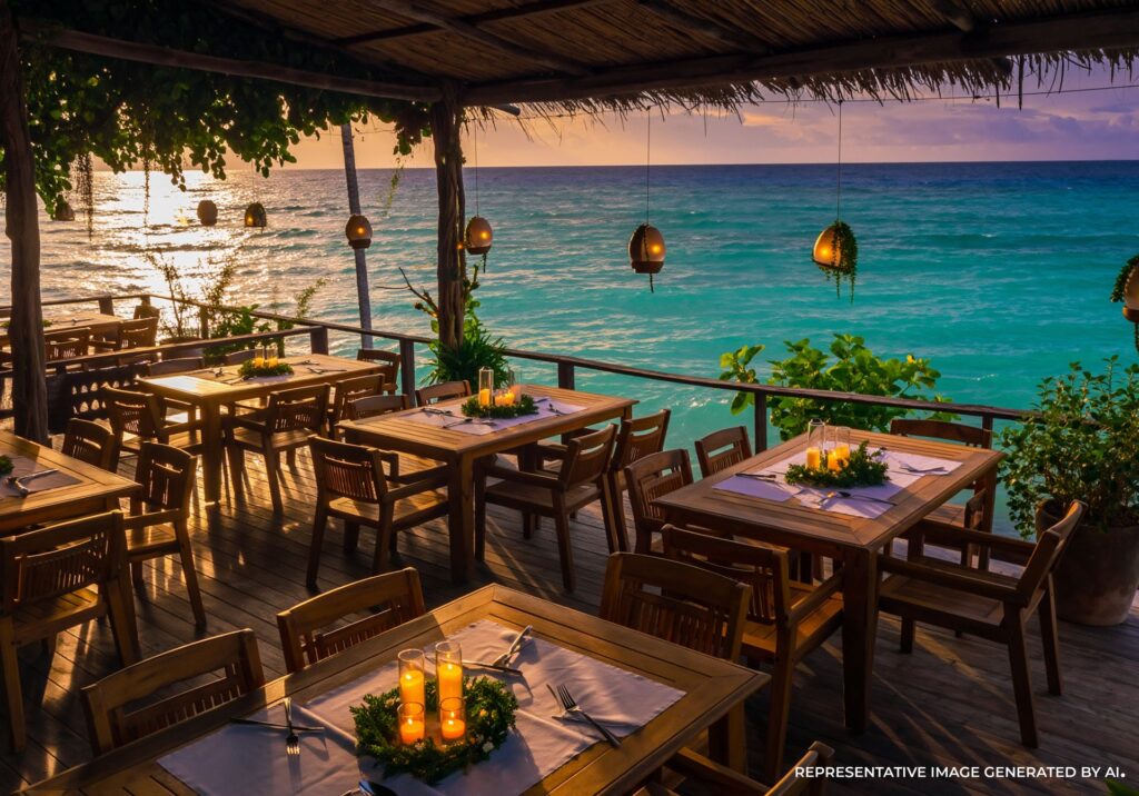 AI representation of an oceanfront restaurant in Tulum with candlelit tables overlooking turquoise water at sunset.