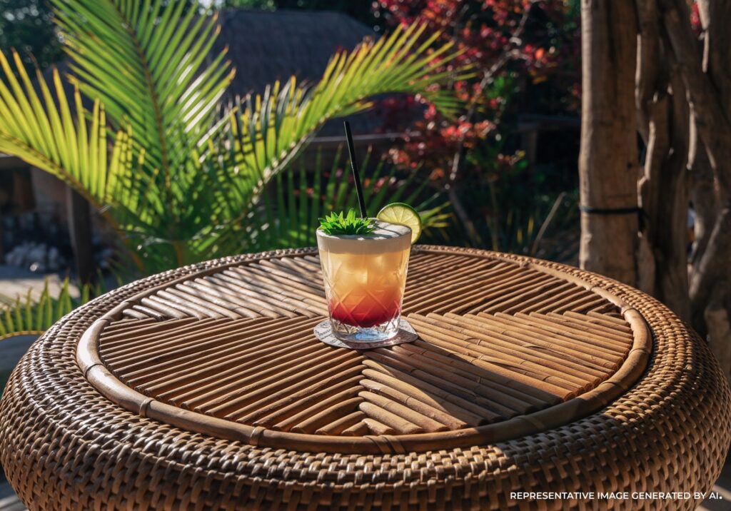 AI representation of a colorful tropical cocktail served on a woven bamboo table at an outdoor bar in Tulum, Mexico.