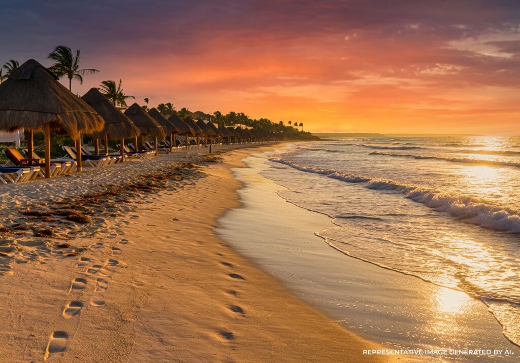AI representation of a dramatic Tulum beach sunset with palm trees, rustic palapas, and waves breaking along the sandy shoreline.