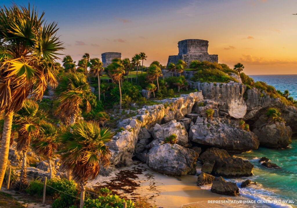 AI representation of ancient Mayan ruins overlooking the Caribbean Sea in Tulum at sunset, surrounded by palm trees and cliffs.