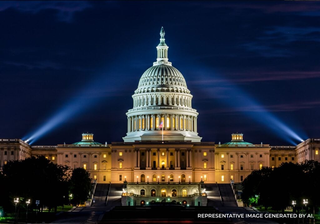 Close up night view of the U.S. Capitol dome with dramatic lighting