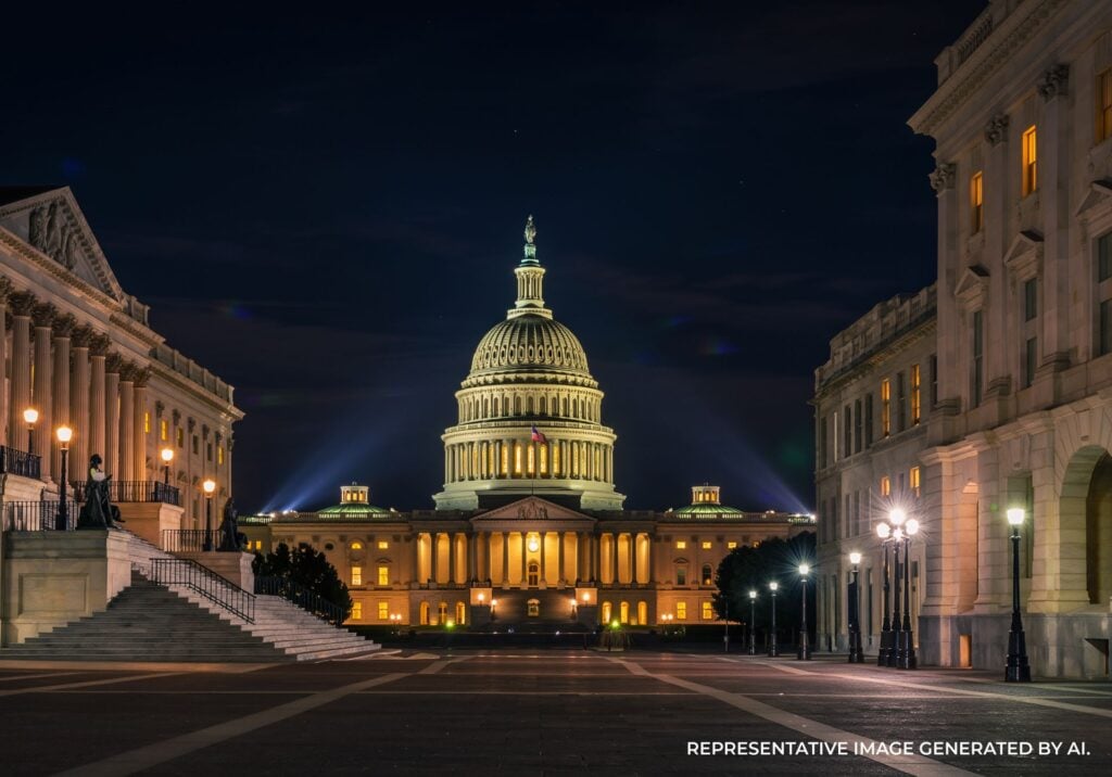 Nighttime view of the Capitol Building entrance framed by surrounding architecture
