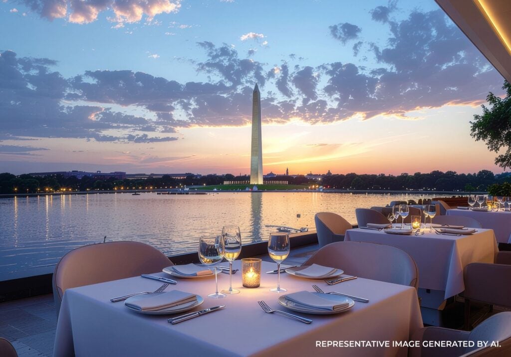 Elegant outdoor dining table overlooking the Washington Monument at sunset in Washington DC.