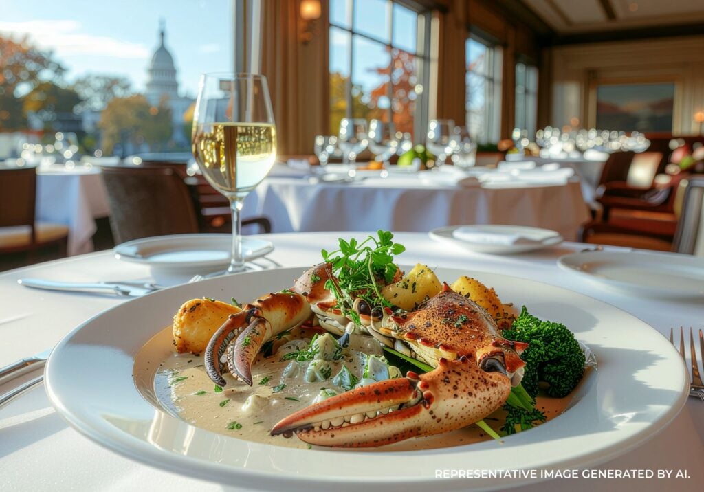 Plated seafood dish and wine served inside an upscale Washington DC restaurant with a view of the Capitol dome.