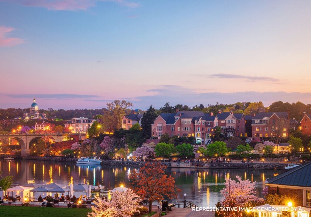 Colorful evening view of the Georgetown waterfront with historic homes, cherry blossoms, and riverside dining in Washington DC