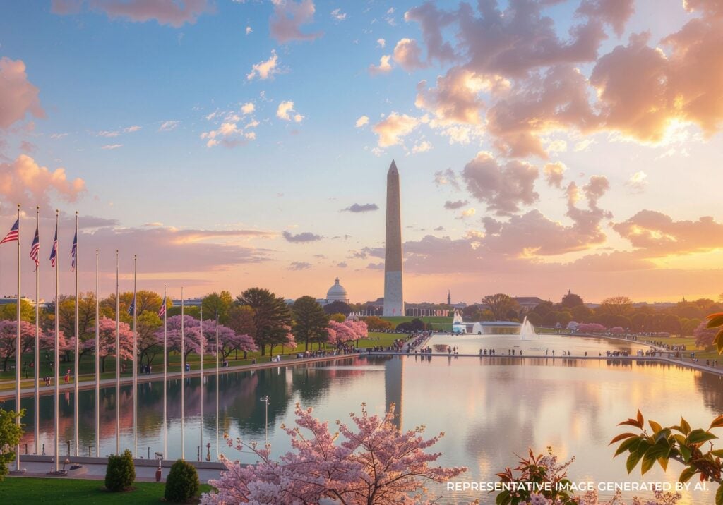 Sunset view of the Washington Monument, cherry blossoms, and reflecting pool in Washington DC.
