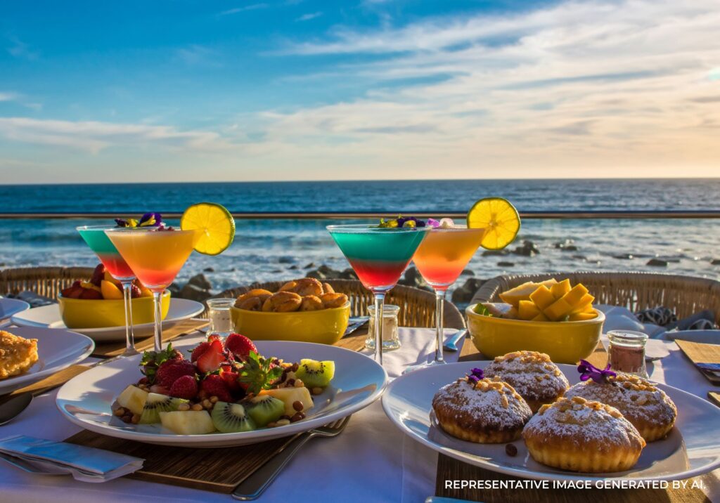 Plates of fresh food and colorful drinks set on an outdoor table overlooking the ocean at sunset.