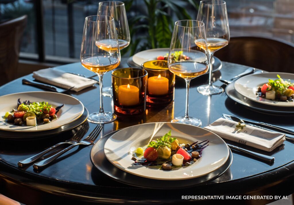 Candlelit outdoor dinner table with plated entrées, wine glasses, and city ambiance.