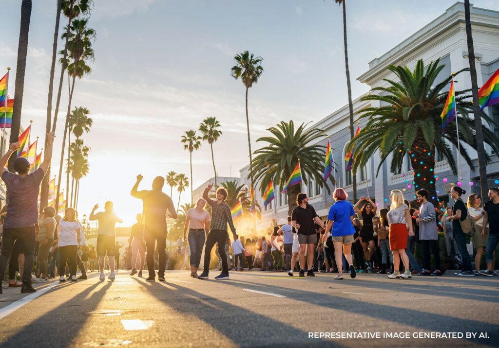 Crowd gathering at sunset with palm trees and flags during a Pride celebration in West Hollywood.