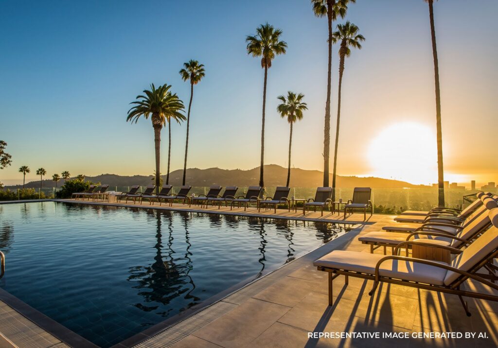 Infinity pool lined with loungers and tall palm trees at sunset.