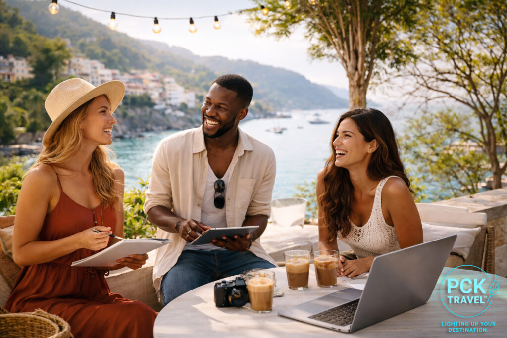 Three professionals collaborating in a relaxed coastal destination setting, discussing travel experiences and partnership ideas.