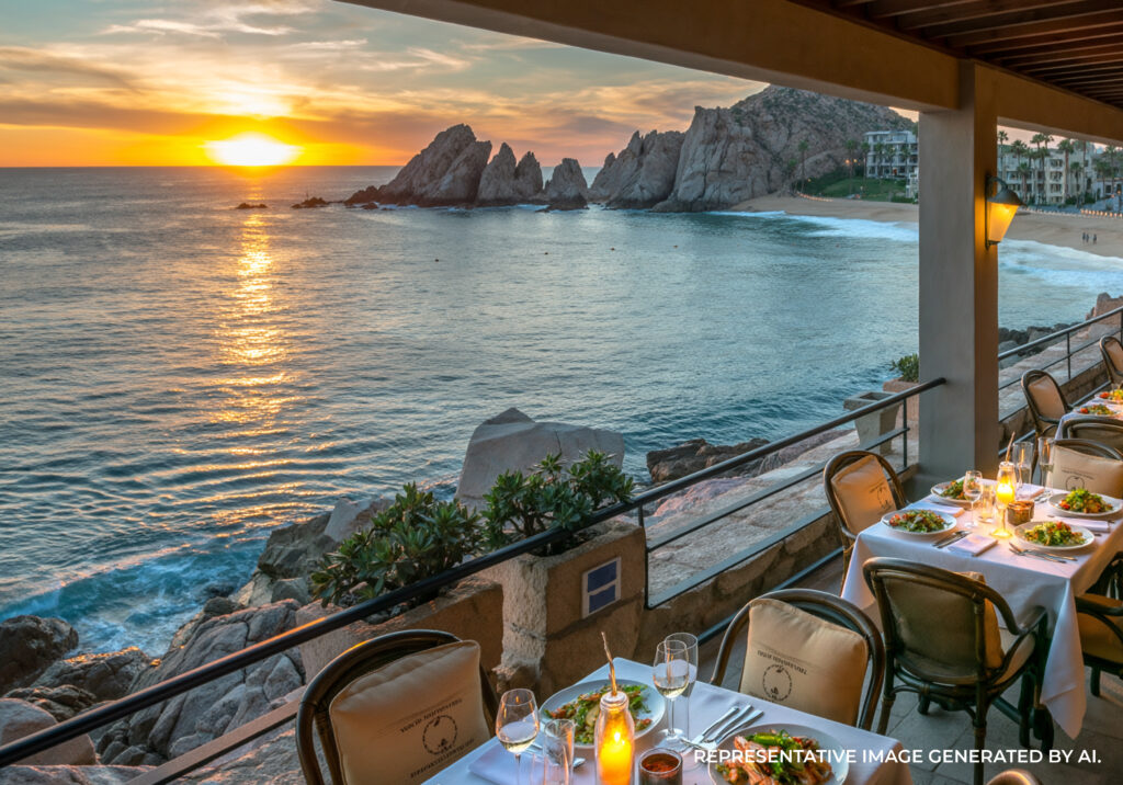 Oceanfront sunset dinner setup overlooking cliffs in Cabo San Lucas.
