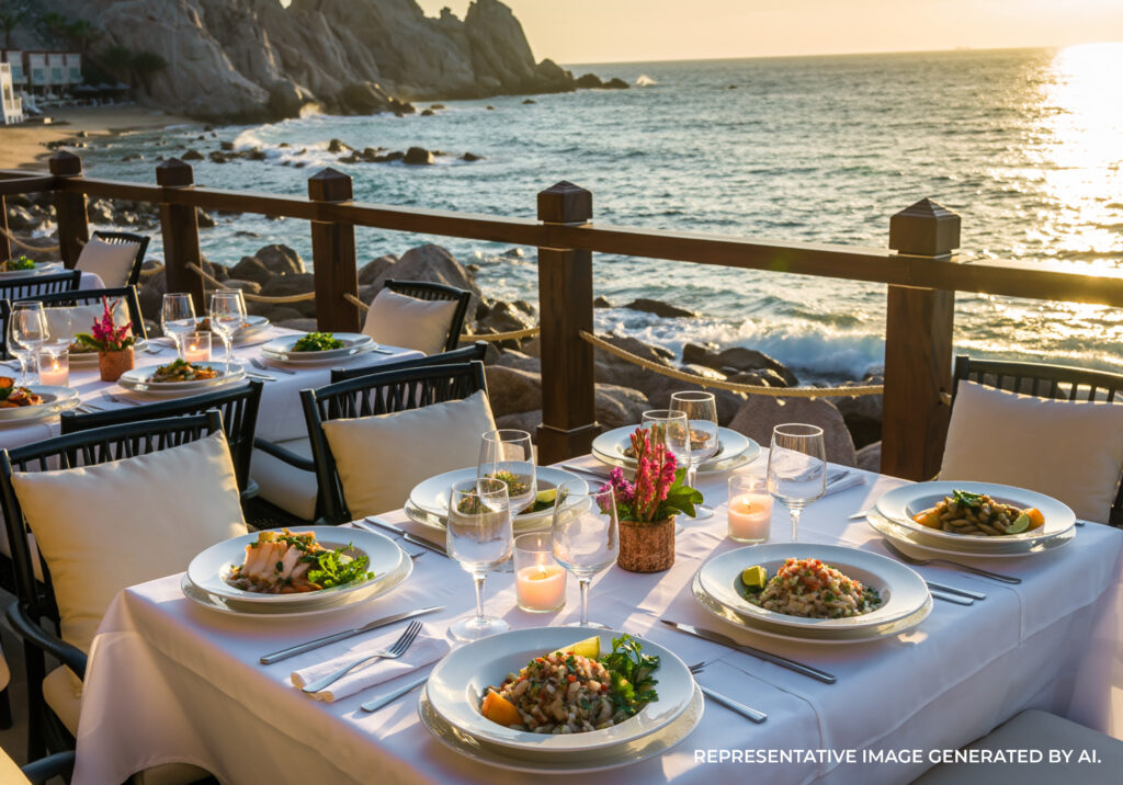 Elegant seafood dinner setup overlooking the ocean at sunset.
