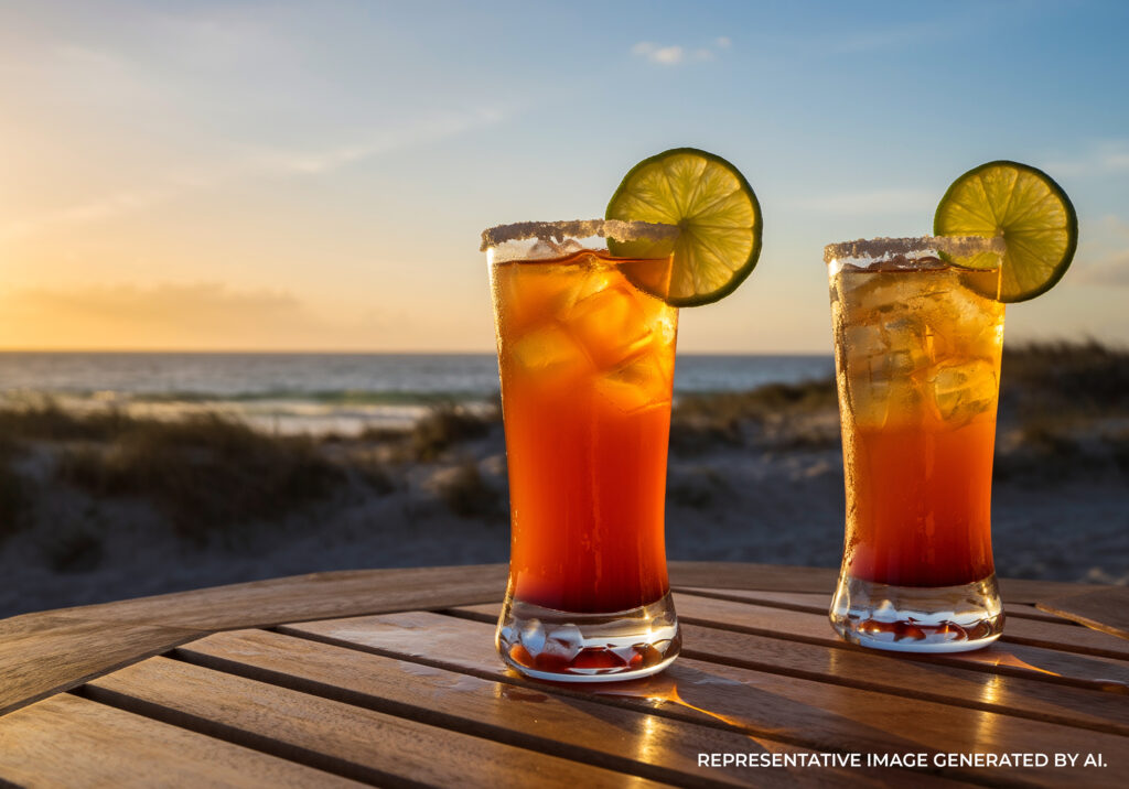 Orange sunset cocktail with lime on a wooden table beside the ocean.