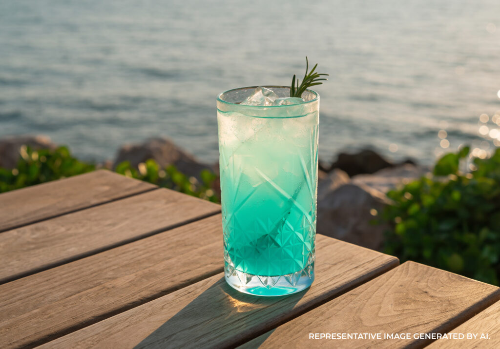 Blue cocktail with lime and rosemary garnish on a table by the ocean.