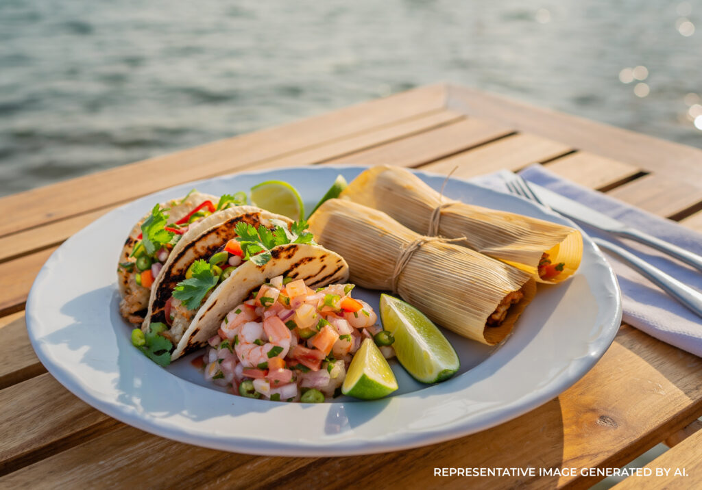 Plate of seafood and tamales on a wooden table overlooking the water in Cabo San Lucas.