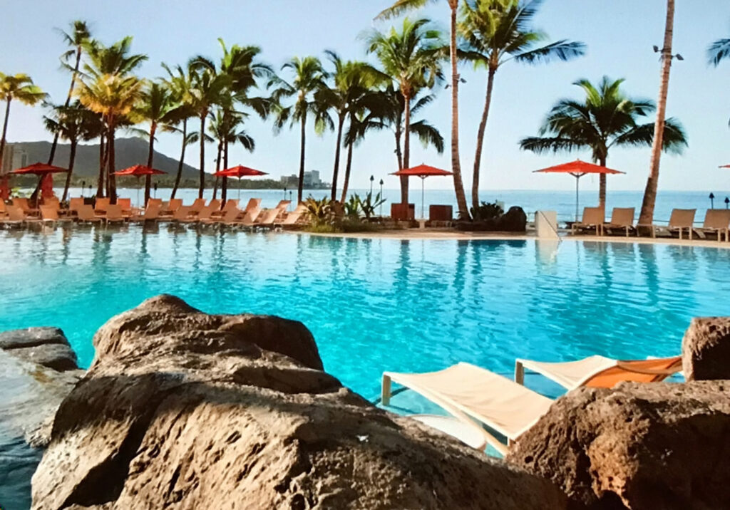 Luxury resort pool surrounded by palm trees with lounge chairs and ocean views in Cabo San Lucas Mexico